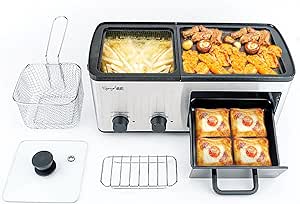 Yangming Newest 4 in 1 Breakfast Maker Station With Grill, Toast Drawer and Frying Basket, Removable Nonstick Plates, Independent Dual Temperature Control, Essential for Breakfast Burgers Eggs, Silver