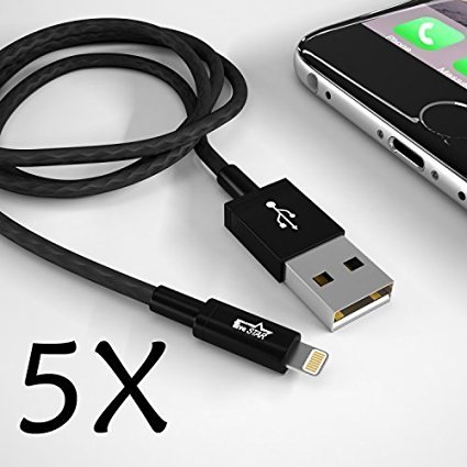 FiveStar Super Strong [Apple MFI Certified] 8 Pin Lightning To USB Nylon Braided iPhone Charging Cable With Aluminium Housing Connector Head For iPhone 7, 6S, 6, Plus (5XBlack)