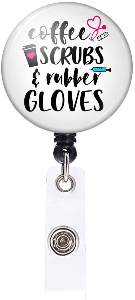 Coffee Scrubs and Rubber Gloves Retractable Badge Reel,Name Nurse ID Card Badge Holder with Alligator Clip for Nurse,Teacher, Student, Volunteer White (White)