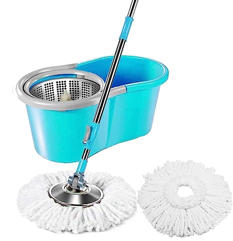 Bucket Quick Spin Mop with 2 Microfiber Wet Dry Mophead Floor Cleaning pocha Extendable Handle Removable 360° Floor Cleaning Mopping Set for Bedroom, Laundry Room, Closet, Bathroom, College (Blue)