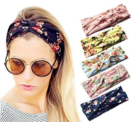 Pack of 5 Women's Elastic Flower Printed Turban Head Wrap Headband Twisted Knotted Hair Band by Loritta