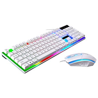 Lookatool LED Rainbow Color Backlight Adjustable Gaming Game USB Wired Keyboard Mouse Set (White)