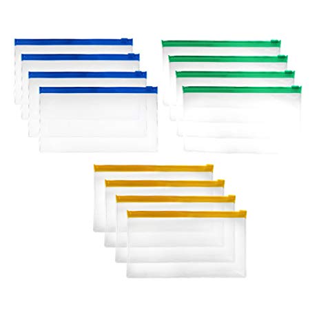 Md trade 12pcs 7-1/2 x 4 inches Clear Color Waterproof PVC Plastic Soft Zipper Invoice pouches Bill Bag Pencil Pouch Pen Bag (Random Color)