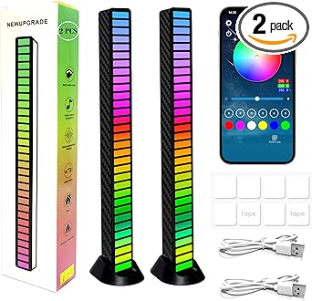 2 PCS Sound Activated Lights, 32 Bit Sound Control RGB Light Bar, Colorful Rechargeable Ambient Led Light, Voice-Activated Pickup Rhythm Music RGB Light Bar for Car, Party, Desktop, DJ, Gaming Room