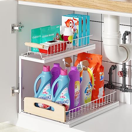 G-TING Under Sink Organizer 2 Tier, L Shaped Sliding Cabinet Basket Organizer, Slide Out Under Cabinet Storage, Multi-Purpose Pull Out Cabinet Organizer for Bathroom, Kitchen, White