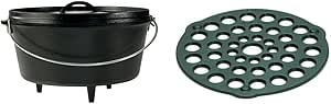 Lodge Seasoned Cast Iron Dutch Oven Bundle - 12 Inch Deep Camp Oven, Meat Rack/Trivet, Pre-Seasoned (8QT/8 inch)