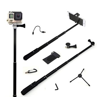 EPABO Selfie Stick   Exclusive Mountaineering Buckle, Waterproof Bag etc, Use as GoPro Pole and Monopod Kit, Mounts to iPhone and Samsung, Hero 4 3 Black Silver   New Grip Plus Handle (With Bluetooth)