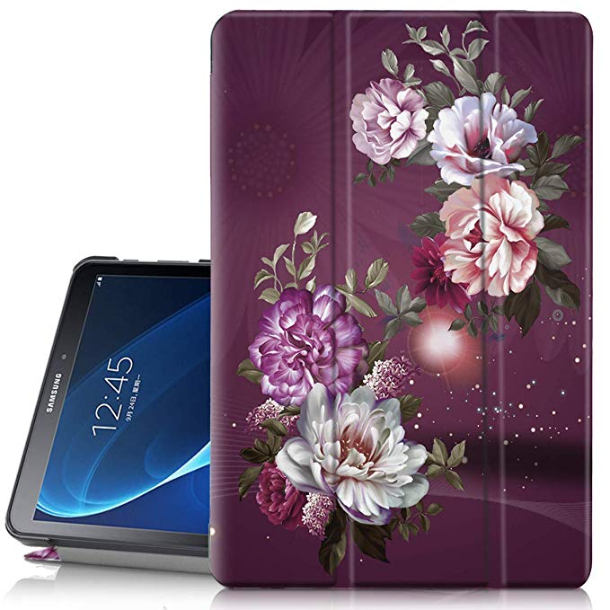 Hocase Galaxy Tab A 10.1 Case 2016 Release, PU Leather Case with Flower Design, Auto Sleep/Wake Feature, Hard Back Cover for SM-T580 / SM-T585 (NO S Pen Version) - Burgundy Flowers