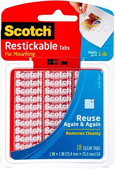 Scotch Restickable Tabs, 1-inch x 1-inch, Clear, 18-Tabs (R100) 2-Pack