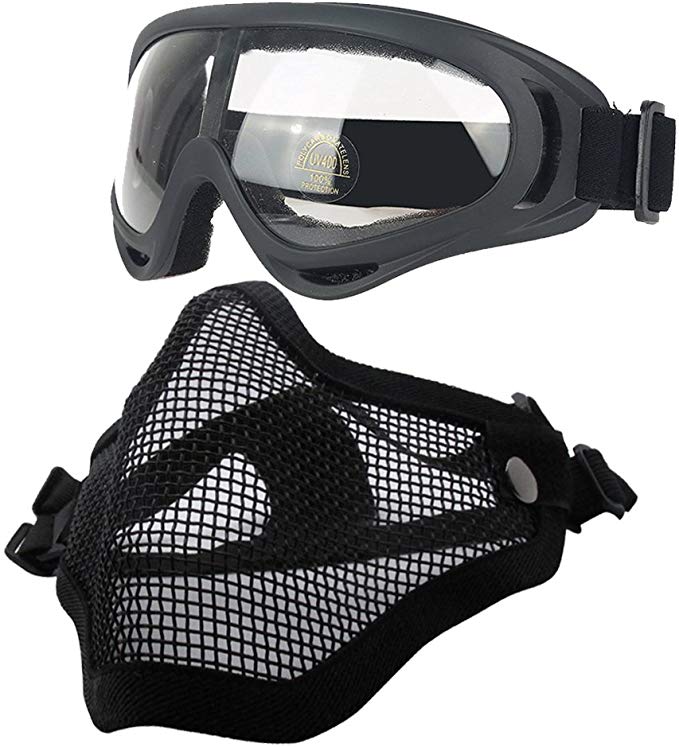 Ydmpro Airsoft Mask - Tactical Steel Mesh Half Face Masks with Goggles Set for CS/Hunting/Paintball/Shooting