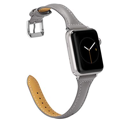 Wearlizer Thin Leather Compatible with Apple Watch 42mm 44mm for iWatch Womens Mens Top Grain Leather Sport Strap, Stylish Simple Slim Cute Wristband (Sliver Buckle) Series 5 4 3 2 1 Edition-Grey