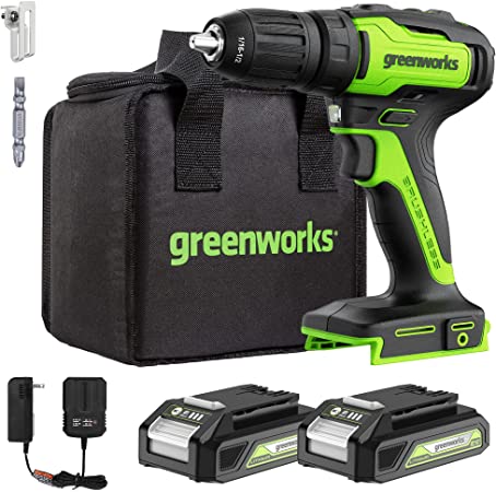 Greenworks 24V Brushless Drill Set - 310 in./lbs Cordless Power Drill Driver with Variable Speed Control, 18 1 Position Clutch, 2x2Ah batteries and charger, Bits and Tool Bag