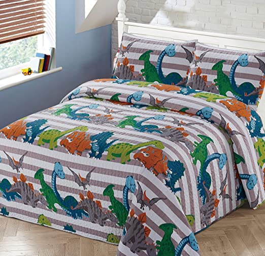 Better Home Style Dinosaur Dinosaurs Jurassic Park World Kids/Boys/Toddler Coverlet Bedspread Quilt Set with Pillowcases # 2018319 (Queen/Full)