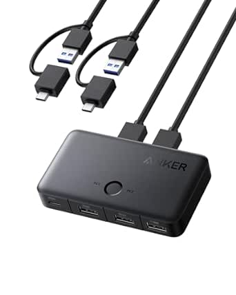 Anker USB 3.0 Switch, Easy One-Click Switch for 2 Laptops, USB-A Cable with 2-in-1 Connectors, Share 3 USB 3.0 Ports, 5Gbps High-Speed Data Transfer for Laptop or Desktop, Keyboard, Mouse, and More