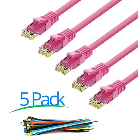 Maximm Cat6 Snagless Ethernet Cable 25 Feet - Pink - 5-Pack Internet RJ45 Gigabit Cat6e Lan Cable For Fast Network & Computer Networking   Cable Ties