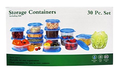 30 Piece Plastic Food Container Set - 15 Plastic Storage Containers with Blue Lids