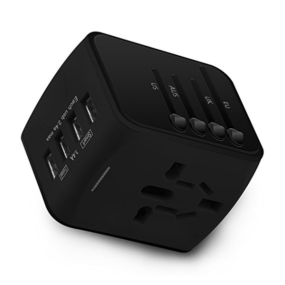 Universal Travel Adapter, All in One International Travel Power Adapter with High Speed 3.4A 4X USB Charging Port Worldwide Travel Wall Charger Plug Adapter for US EU UK AUS (Black)
