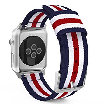 MoKo Band for Apple Watch 42mm, Fine Woven Nylon Adjustable Replacement Wristband Strap for Apple Watch 42mm Series 1 2015 & Series 2 2016 All Models, Blue & White & Red (Not fit 38mm Versions)