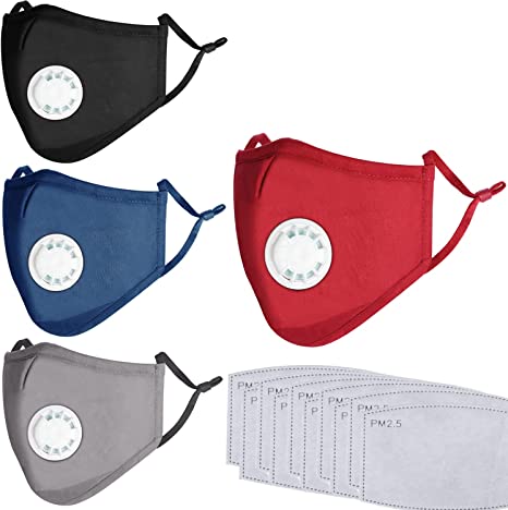 [Updated Version] ALINK 4PCS Cotton Face Mask Washable and Reusable, Bandanas with Breathing Valve with Activated 10 PCS Carbon Filter Replaceable Filters Adult -(Black, RED, Blue, Grey)