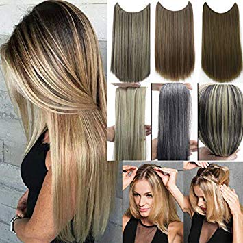 Secret Extension Long 20" Straight Halos Hair Extensions Flip Natural Synthetic Hair Pieces For Women Hairpiece Hidden Wire Crown Headband Heat Friendly Fiber (dark brown mix silver gray)