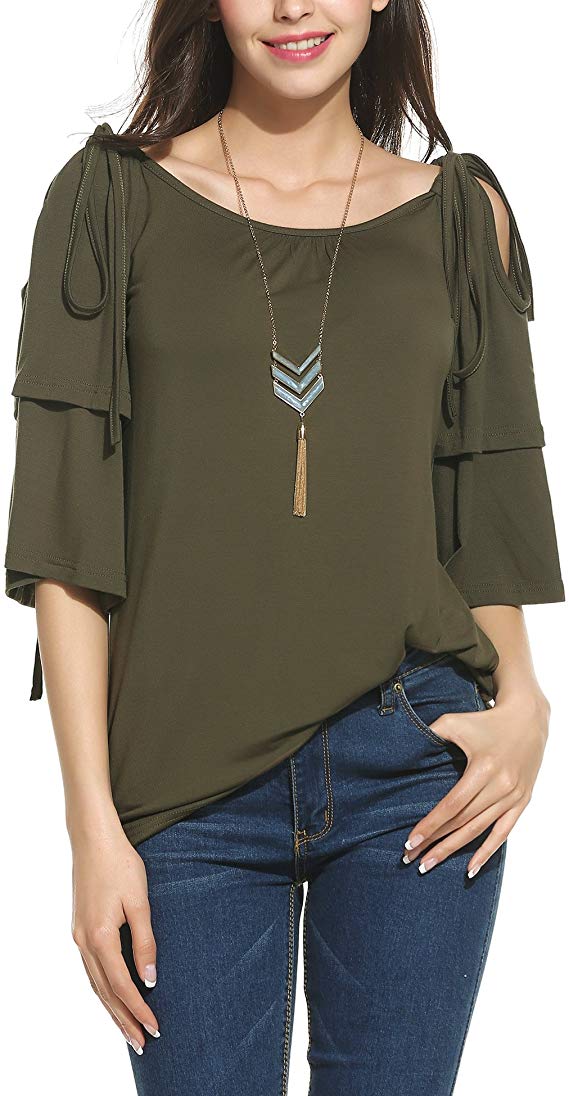 Beyove Women's Off Shoulder Ruffle Sleeve Round Neck Flouncing Top Blouse Shirt