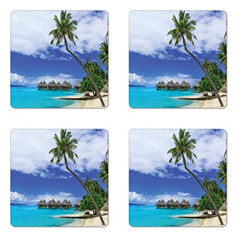 Ambesonne Tropical Coaster Set of Four, Water Bungalows of Tropical Resort Bora Bora Island Pacific Ocean Panorama, Square Hardboard Gloss Coasters for Drinks, Green Blue White