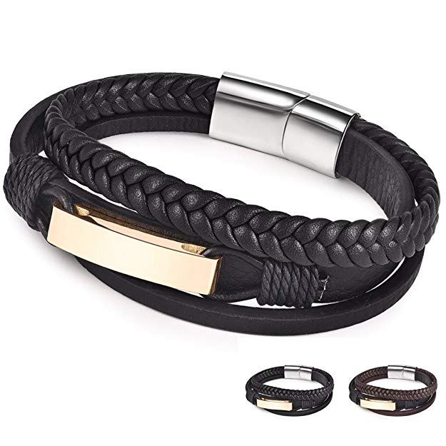 JIAYIQI Braided Leather Bracelet Men Multi-Layer Bracelet Wristband Stainless Steel Clasp 7.3-8.7 Inches
