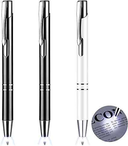 Lighted Tip Pen Flashlight Writing Ballpoint Pens LED Penlight Light Up Pen with Bright White Light for Writing in the Dark, 3 Pieces (White Light, Black Shell and White Shell)