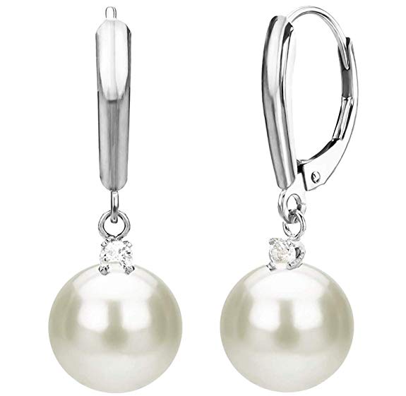 14K White or Yellow Gold 1/10 Cttw Diamond and White Freshwater Cultured Pearl Dangle Earrings (G-H, SI1-SI2) - Choice of Pearl Sizes