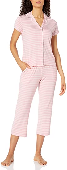 Amazon Brand - Mae Women's Notch Collar Pajama Set with Embroidered Trim