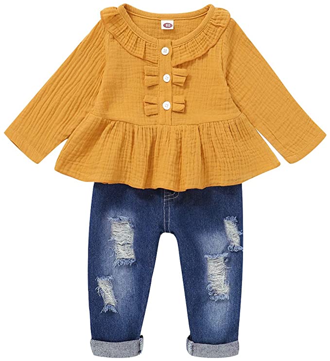 Toddler Baby Girl Outfits Ruffle Sleeve Linen Shirt Cute Ripped Jeans Kids Denim Pants Set Infant Baby Clothes Girl
