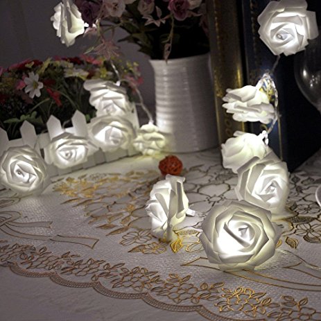 VIPMOON String Lights,2M 20LED Battery Operated Rose Flower Lamp Fairy Light for Wedding Garden Party Halloween Christmas, Indoor Decoration - White