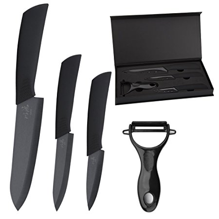 icxox Ceramic Knife Set 6 Inch Chef Knife & 4 Inch Fruit Knife & 3 Inch Paring Knife & Peeler (4 Piece, Black Blade)