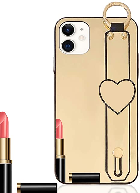 Guppy Compatible with iPhone 11 Heart Makeup Mirror Case Luxury Cute Smooth Bling Crystal with Wrist Hand Strap Soft Bumper Slim Protective Cover for Women Girls Case Gold