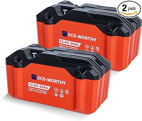 ECO-WORTHY 2 Pack Portable 12V 20AH LiFePO4 Battery, Lithium Deep Cycle Rechargeable Battery, Built-in BMS, 4000  Cycles,Perfect for Outdoor Camping Fishing Marine Trolling Motor Fishfinder RV