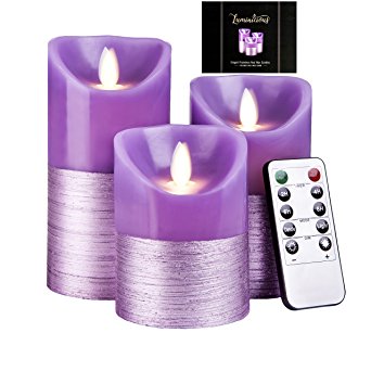 LUMINICIOUS PURPLE FLAMELESS CANDLES | FLICKERING LED FLAME. Electric battery operated, remote control & timer | Real Wax Pillar candles, Purple with luxury trim, Set of 3 (size 4" 5" 6") PERFECT GIFT