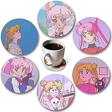 Lotus Job 6PCS Sailor Moon Coasters for Coffee Table,Coaster Sets,Drink Coaster for Tabletop Protection,Suitable for Kinds of Cups,4 Inches (C)