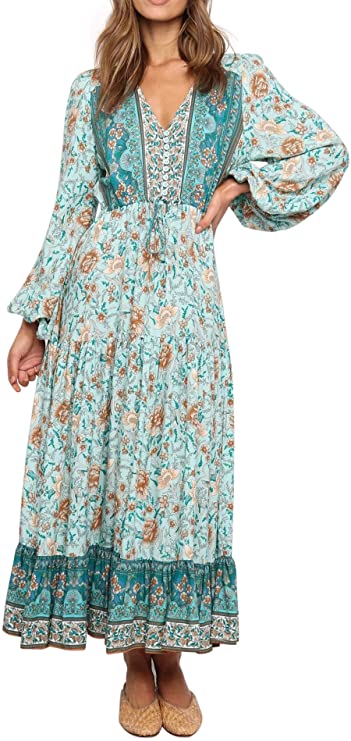 R.Vivimos Women's Long Sleeve Cotton V-Neck Button Up Floral Print Boho Flowy Midi Dresses