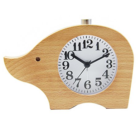 Smileto Creative Cute Silence Elephant Shape Desk Wood Alarm Clock with Nightlight Snooze Feature