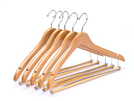 Amber Home Wooden Hangers Sturdy Wood Suit Hangers Natual Color with Locking Bar Chrome Hook 5 Pack