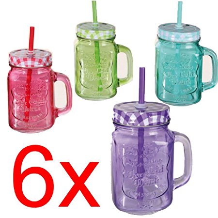 6 X MASON JAM JAR GLASSES WITH HANDLE LID STRAW JUICE DRINK GLASS DRINKING 500ML