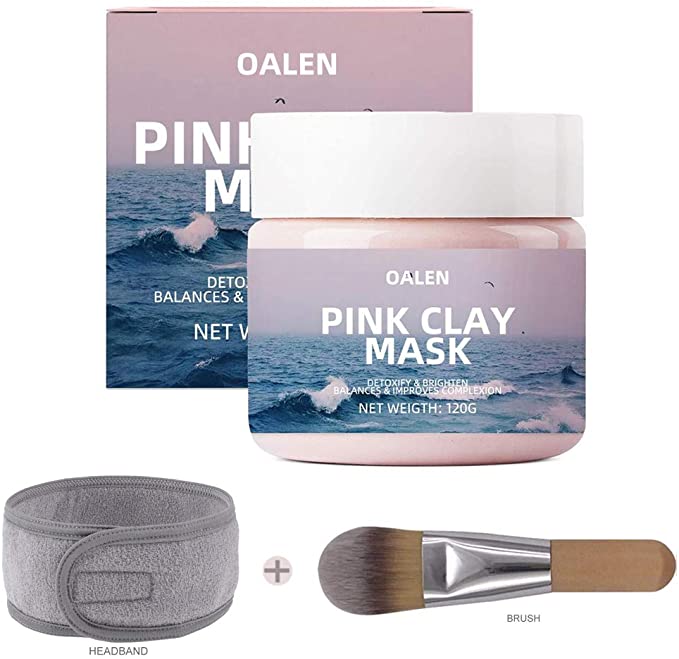 Pink Clay Face Mask, OCHILIMA 100% Natural Kaolin Clay Mask with Brush&Headband, Clay Deep Skin Pore Cleansing, Hydrating, Tightens Pore, Acne Recovery Blackhead,Purify & Brighten Your Skin Face Masks