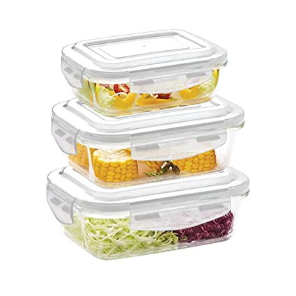 Borosil Klip N Store Glass Storage Containers For Kitchen With Air-Tight Lids, Microwave & Oven Safe, Rectangle, Set of 3 (1L, 1.5L, 2L), Clear
