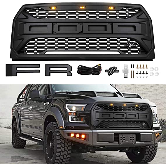 Front Grill for Ford F150 2015 2016 2017, Grille Replacement Crossbar & Amber LED Lights Included, Raptor Style Grill (Black)