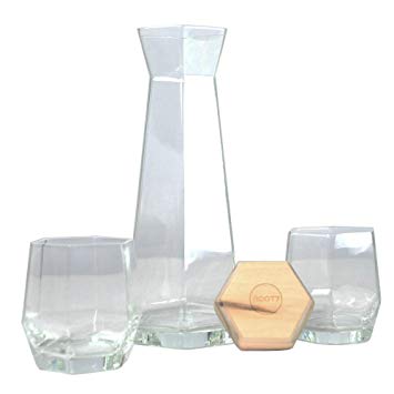 Root7 Clear Geometric Carafe & Tumbler Gift Set, Bespoke Glass Decanter, Liquor Glass 2 Pack, Unique 35oz Glass for Water, Juice, Whiskey, Scotch, Bourbon and Tonic