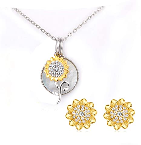 Presentski Sunflower Necklace and Earrings Set You are My Sunshine Pendant Necklaces 925 Sterling Silver for Girls Women Birthday Jewelry Gifts