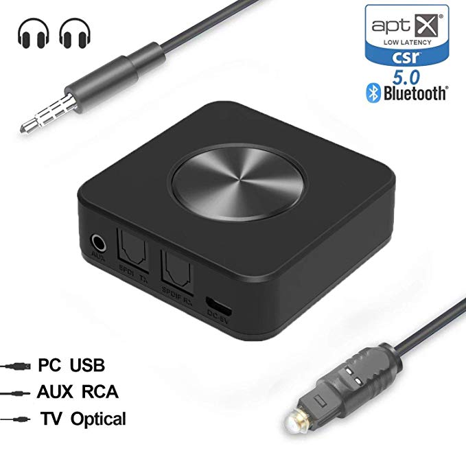 Fzone Bluetooth 5.0 Transmitter and Receiver, Digital Optical TOSLINK and 3.5mm Wireless Audio Adapter for TV/Home Stereo System - aptX Low Latency
