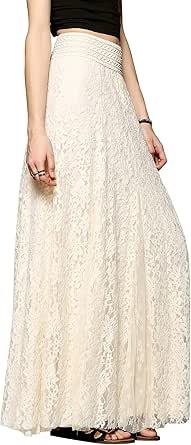 CHARTOU Womens Elegant Floral Lace Elastic High Waist Pleated Maxi Long Beach Skirts