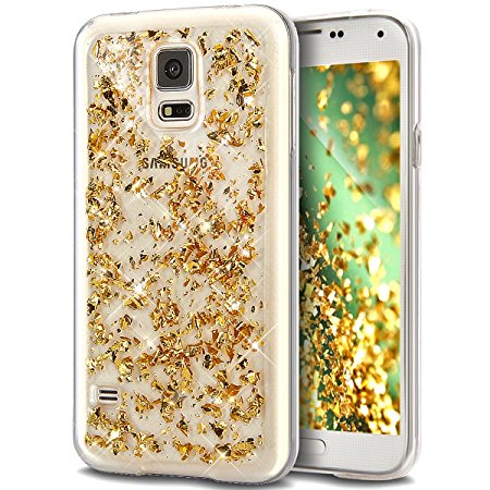 Galaxy S5 Neo Case,Galaxy S5 Case,ikasus Ultra Thin Clear Crystal Bling Shiny Giltter Rhinestone Clear Rubber Transparent TPU Soft Silicone Bumper Case Cover for Samsung Galaxy S5 / S5 Neo,Golden