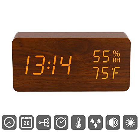 Digital Alarm Clock, Wood LED Adjustable Brightness Voice Control Desk Wooden Alarm Clock with Day/Date/Temperature and Humidity USB/Battery Powered, for Back to School, Home, Office, Kids